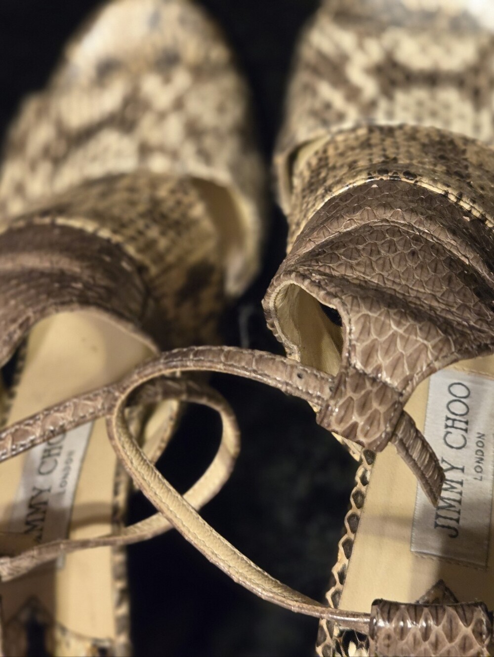 Jimmy Choo Tan Brown Snakeskin Ankle-Strap Pumps